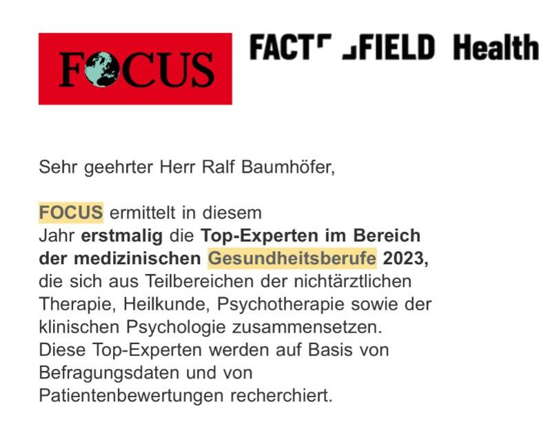 Auszug aus dem Schreiben von FOCUS und FactField Health zu den Top-Experten der Gesundheitsberufe 2023
